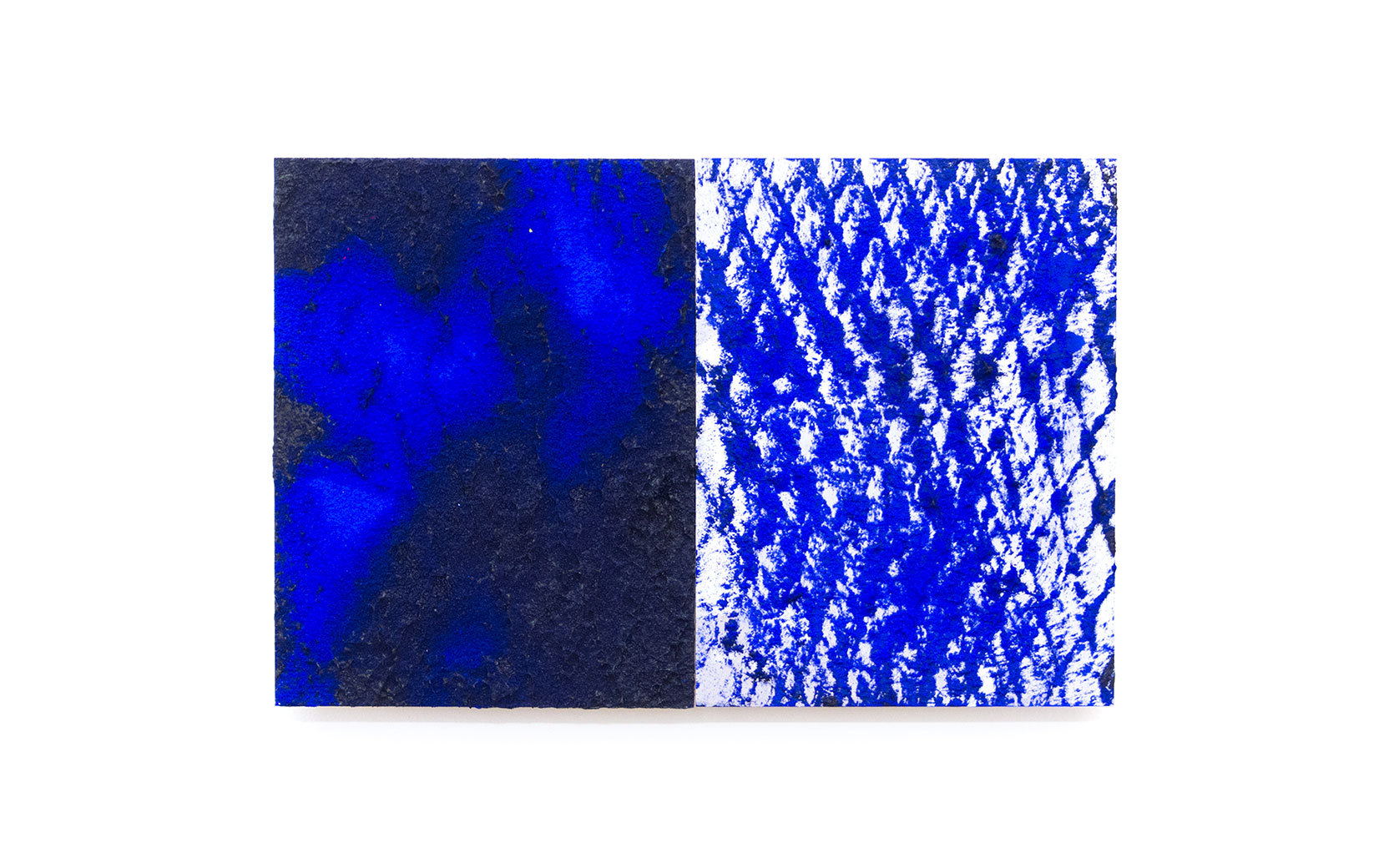 Diptych: left panel with dark blue textured surface; right panel with blue and white speckled pattern.